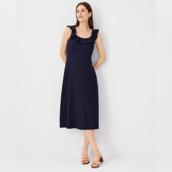Ann Taylor Dresses & Skirts - Ann Taylor Navy Linen Blend Scoop Flutter Sleeve Midi Dress 12 P